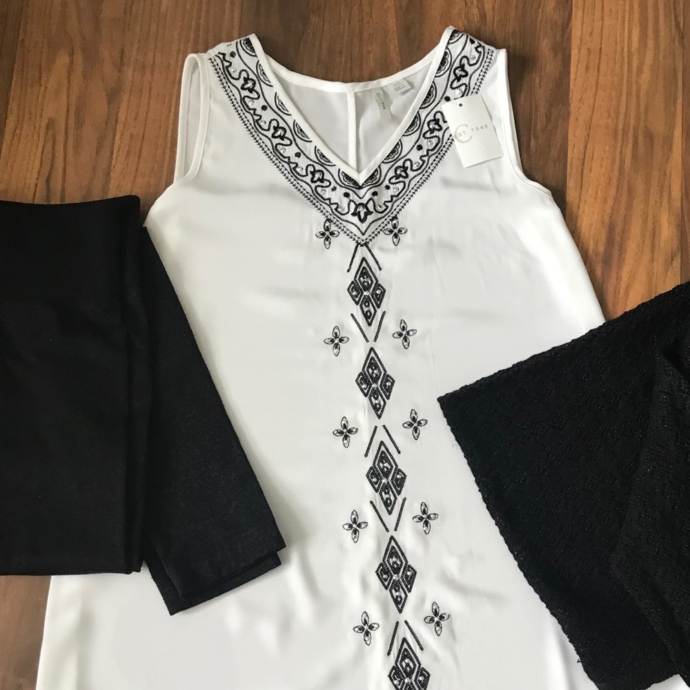 Cato- White Dress Tank w/ Black Embellishments.